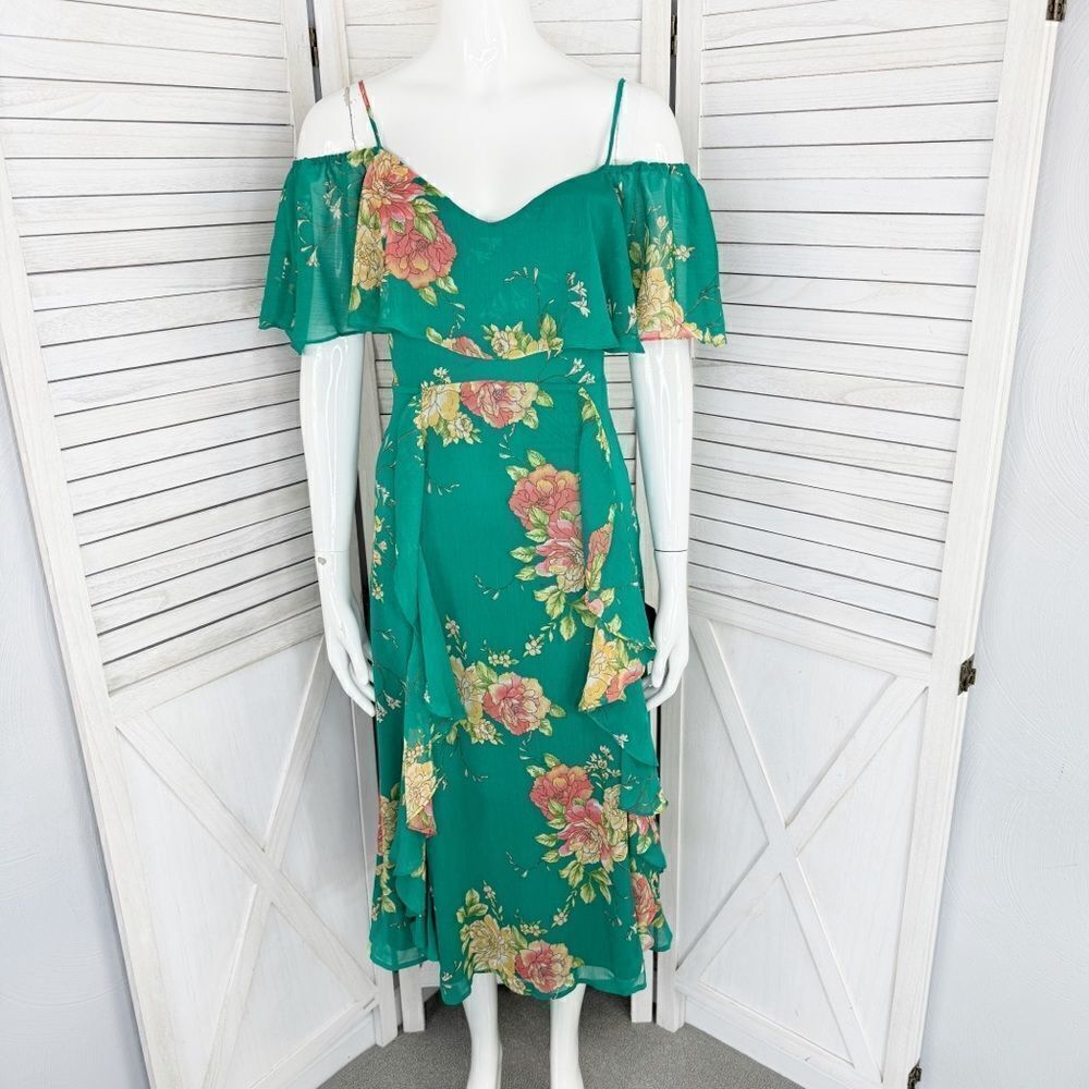 Lulus Romantic Love Floral Chiffon Ruffle Cold Shoulder Midi Dress Green XS
